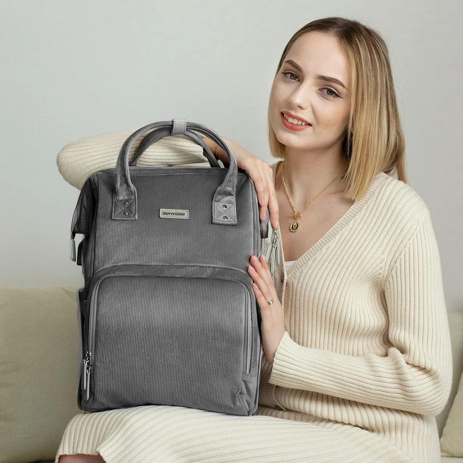 SUNVENO Velvet Stitching Diaper Bag Backpack Large Capacity Tote Shoulder Nappy Bag Organizer for Baby Care with Insulated Pockets,Waterproof Fabric, Grey