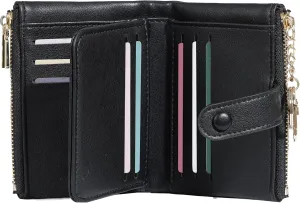 Sunwel Fashion Small Vegan Leather Wallet for Women RFID Blocking Ladies 13 Card Holder with Double Zipper Pocket (BLACK)