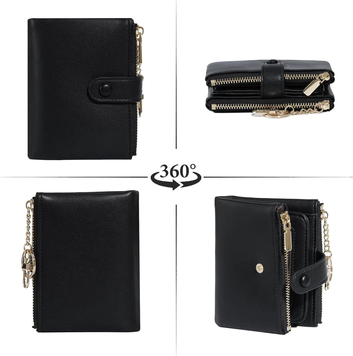 Sunwel Fashion Small Vegan Leather Wallet for Women RFID Blocking Ladies 13 Card Holder with Double Zipper Pocket (BLACK)