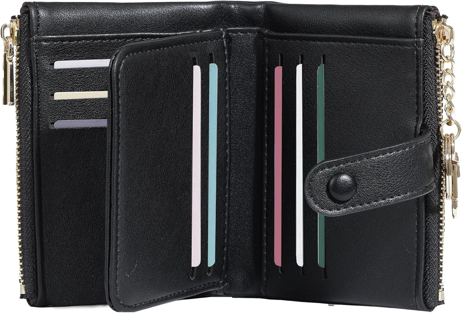 Sunwel Fashion Small Vegan Leather Wallet for Women RFID Blocking Ladies 13 Card Holder with Double Zipper Pocket (BLACK)