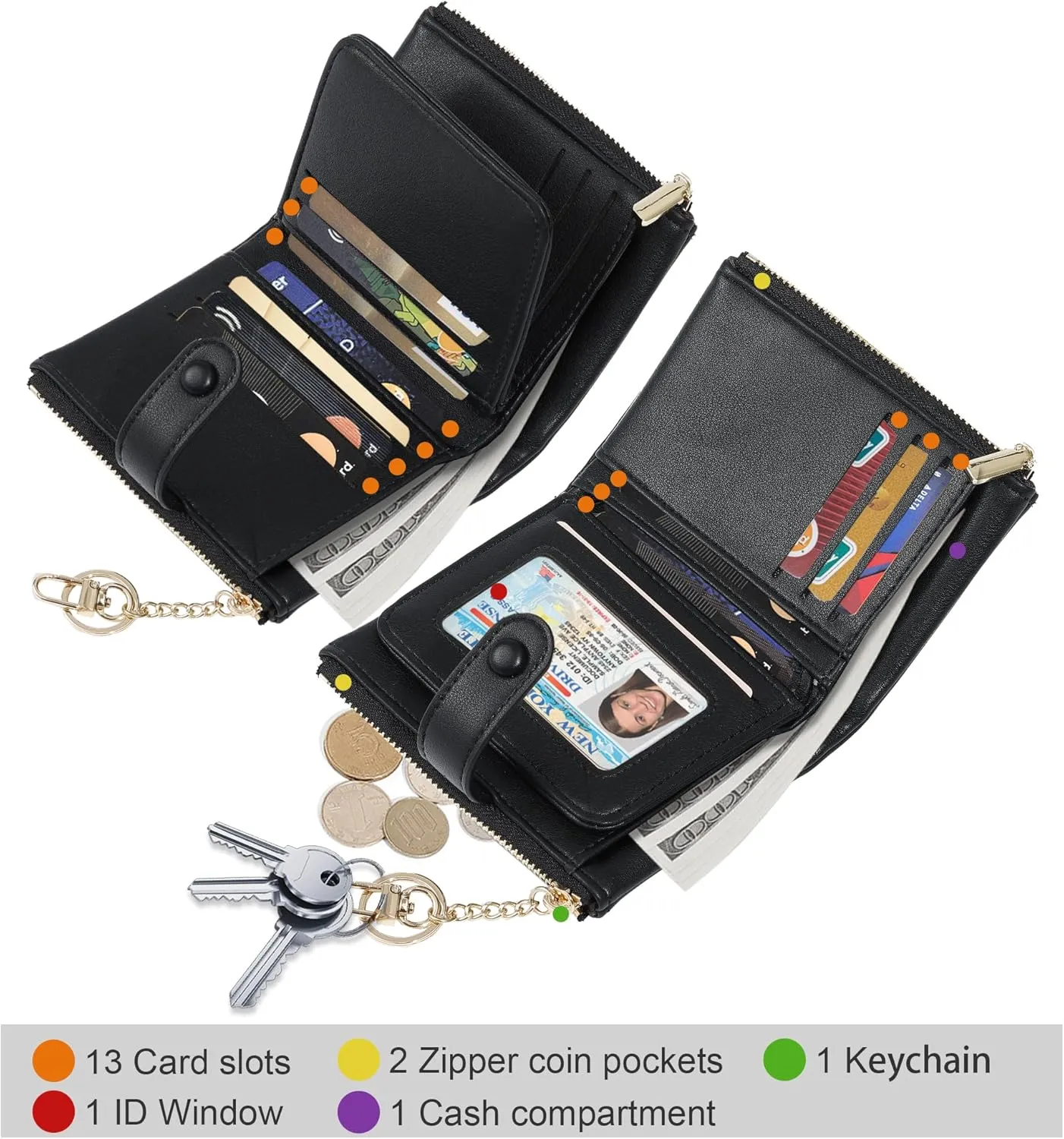 Sunwel Fashion Small Vegan Leather Wallet for Women RFID Blocking Ladies 13 Card Holder with Double Zipper Pocket (BLACK)