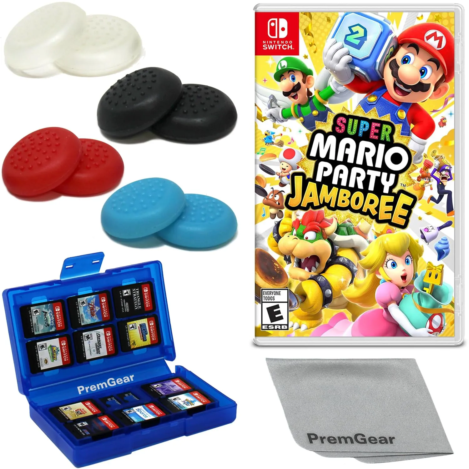 Super Mario Party Jamboree for Nintendo Switch (US Version), with PremGear Thumb Grips (8 pack - Black, Blue, Red & Clear), 24 Slot Game Card Holder & Cleaning Cloth