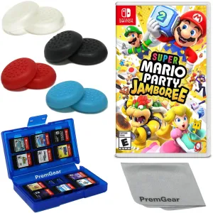 Super Mario Party Jamboree for Nintendo Switch (US Version), with PremGear Thumb Grips (8 pack - Black, Blue, Red & Clear), 24 Slot Game Card Holder & Cleaning Cloth