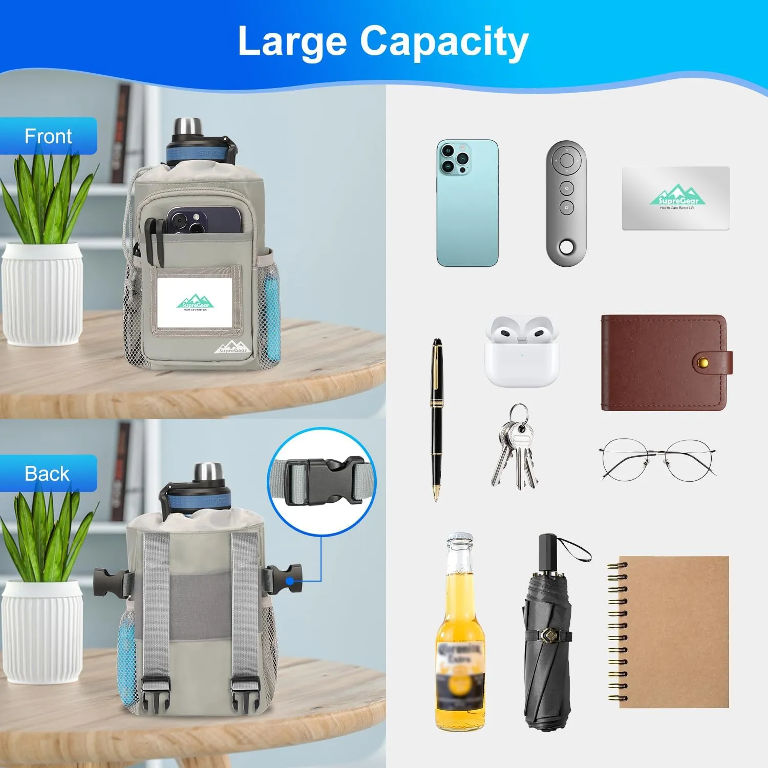 supregear Crutch Accessories Bag, Water-Resistant Storage Pouch with Cup Holder and Multiple Pockets, Large Capacity Organizer for Underarm Crutches, Grey