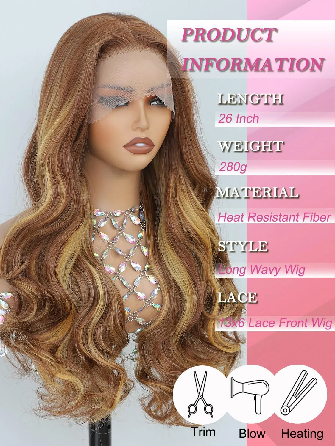 Synthetic Lace Front Wig for Women, Highlight Synthetic Wig,13x6 Hd Lace Front, 26 Inch Long Wavy, Heat Resistant Fiber, Deep Parting, with Baby Hair, Natural Hairline