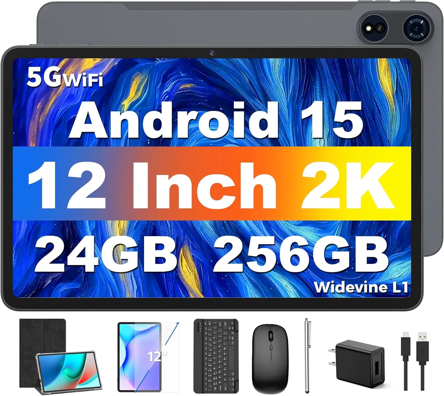 Tablet 12 inch Android 15 Tablets, 24GB（8 16）RAM 256 Storage(Expand to 1TB), Android Tablet with Keyboard, Octa-Core, 2K 2000x1200 Display, 16MP Dual Camera, 8000mAh, 5G WiFi,GPS,Bluetooth 5.0（Black）
