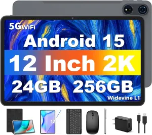 Tablet 12 inch Android 15 Tablets, 24GB（8 16）RAM 256 Storage(Expand to 1TB), Android Tablet with Keyboard, Octa-Core, 2K 2000x1200 Display, 16MP Dual Camera, 8000mAh, 5G WiFi,GPS,Bluetooth 5.0（Black）