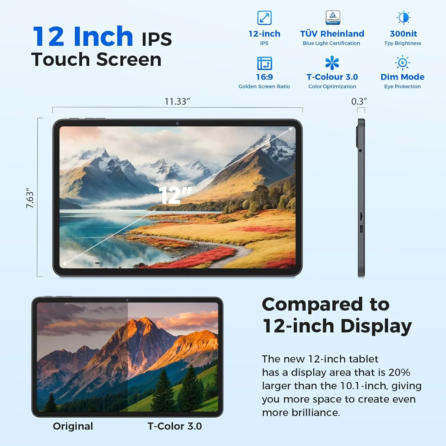 Tablet 12 inch Android 15 Tablets, 24GB（8 16）RAM 256 Storage(Expand to 1TB), Android Tablet with Keyboard, Octa-Core, 2K 2000x1200 Display, 16MP Dual Camera, 8000mAh, 5G WiFi,GPS,Bluetooth 5.0（Black）