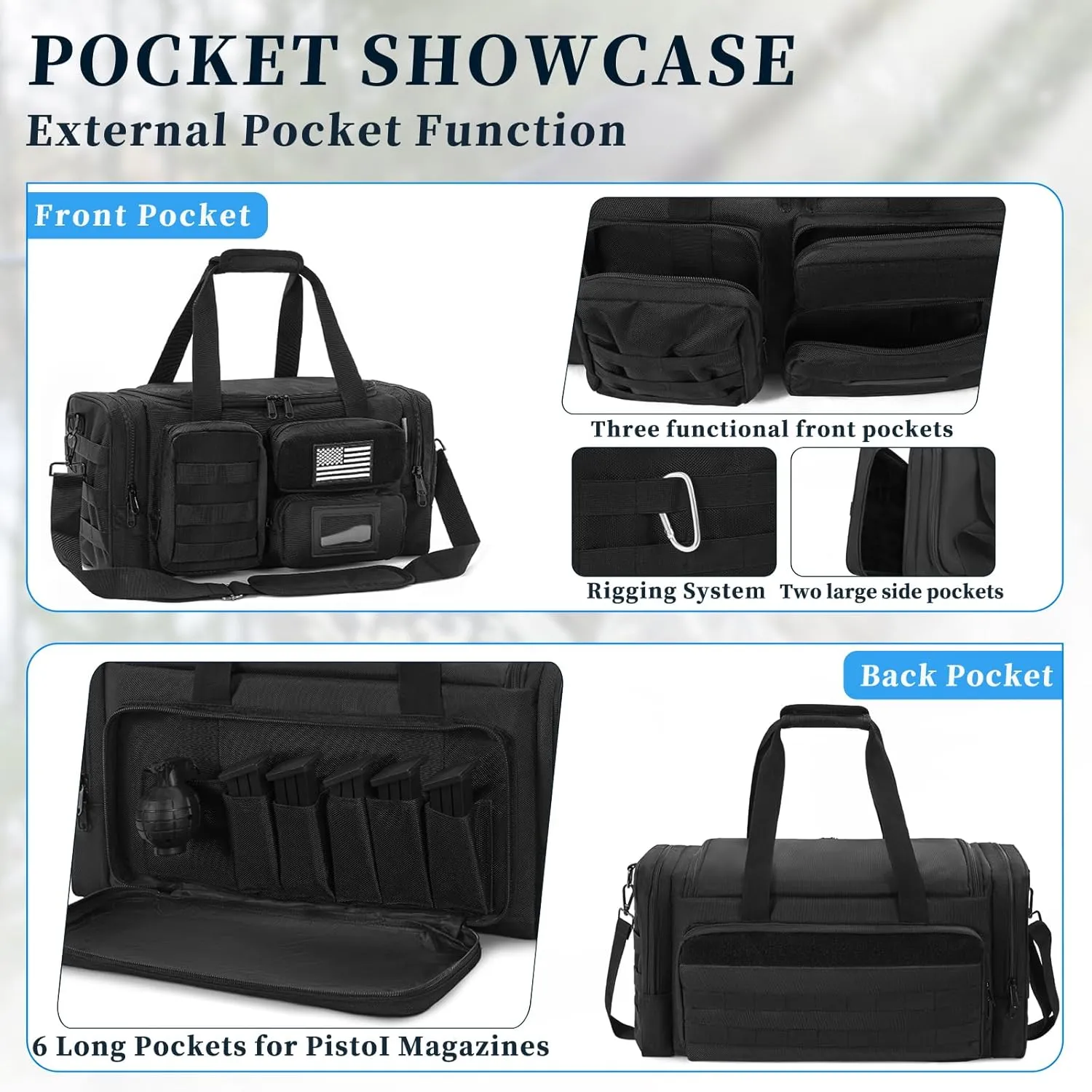 Tactical Pistol Range Bag, Gun Range Bag for Handguns, Shooting Duffle Range Pistol Bag with Compartments, Extra Pockets for Ammo and Essentials, Black