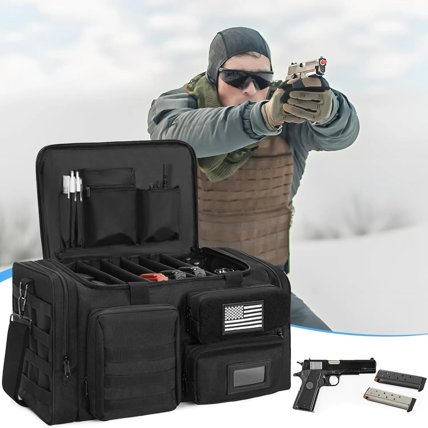 Tactical Pistol Range Bag, Gun Range Bag for Handguns, Shooting Duffle Range Pistol Bag with Compartments, Extra Pockets for Ammo and Essentials, Black