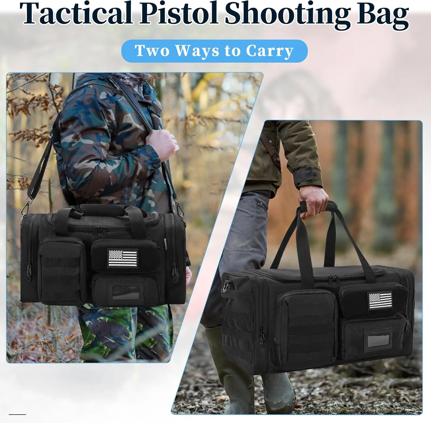 Tactical Pistol Range Bag, Gun Range Bag for Handguns, Shooting Duffle Range Pistol Bag with Compartments, Extra Pockets for Ammo and Essentials, Black