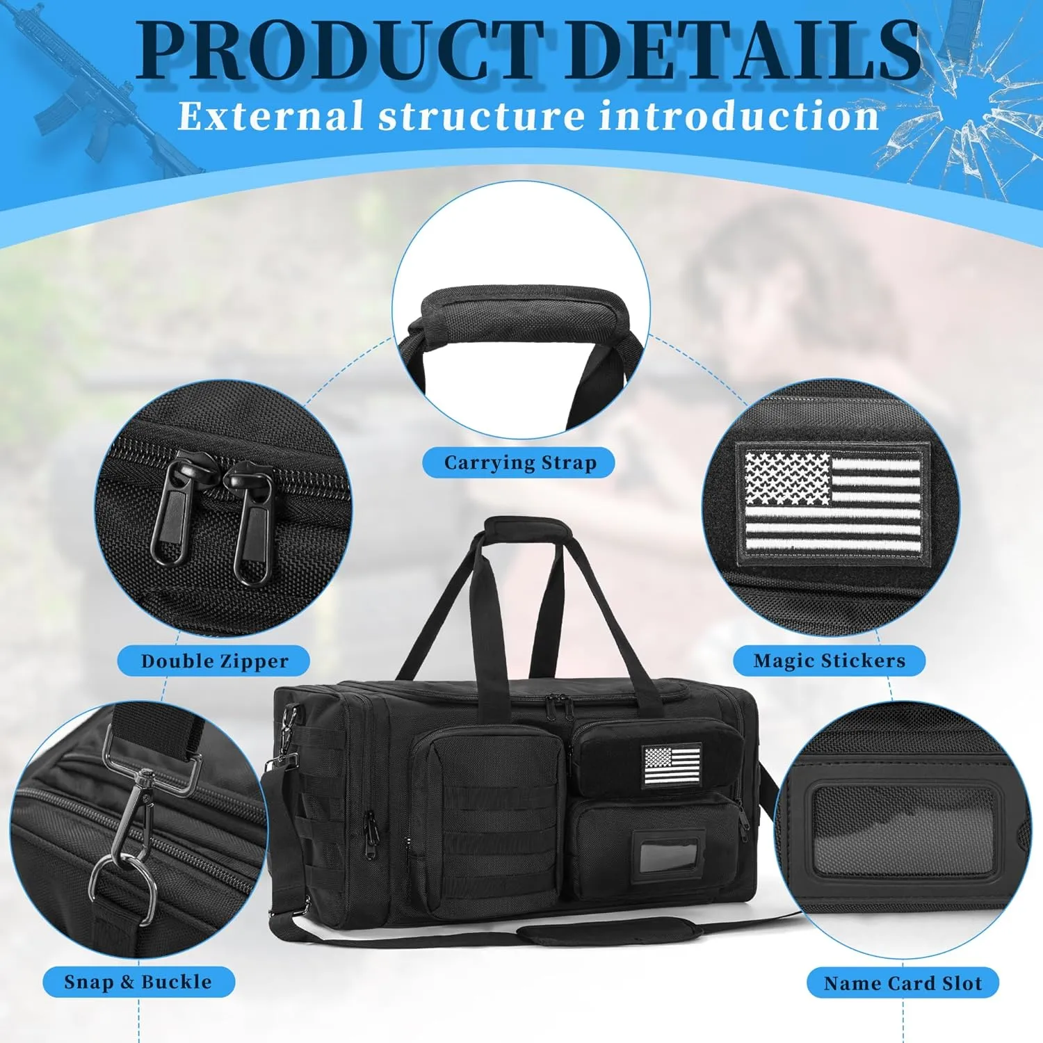 Tactical Pistol Range Bag, Gun Range Bag for Handguns, Shooting Duffle Range Pistol Bag with Compartments, Extra Pockets for Ammo and Essentials, Black