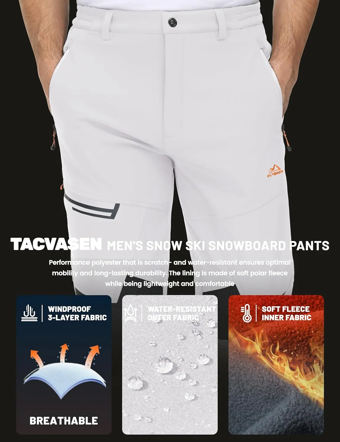 TACVASEN Men's Snow Ski Pants Windproof Snowboard Pants for Men Water Resistant Hiking Pants Fleece Lined Winter Working