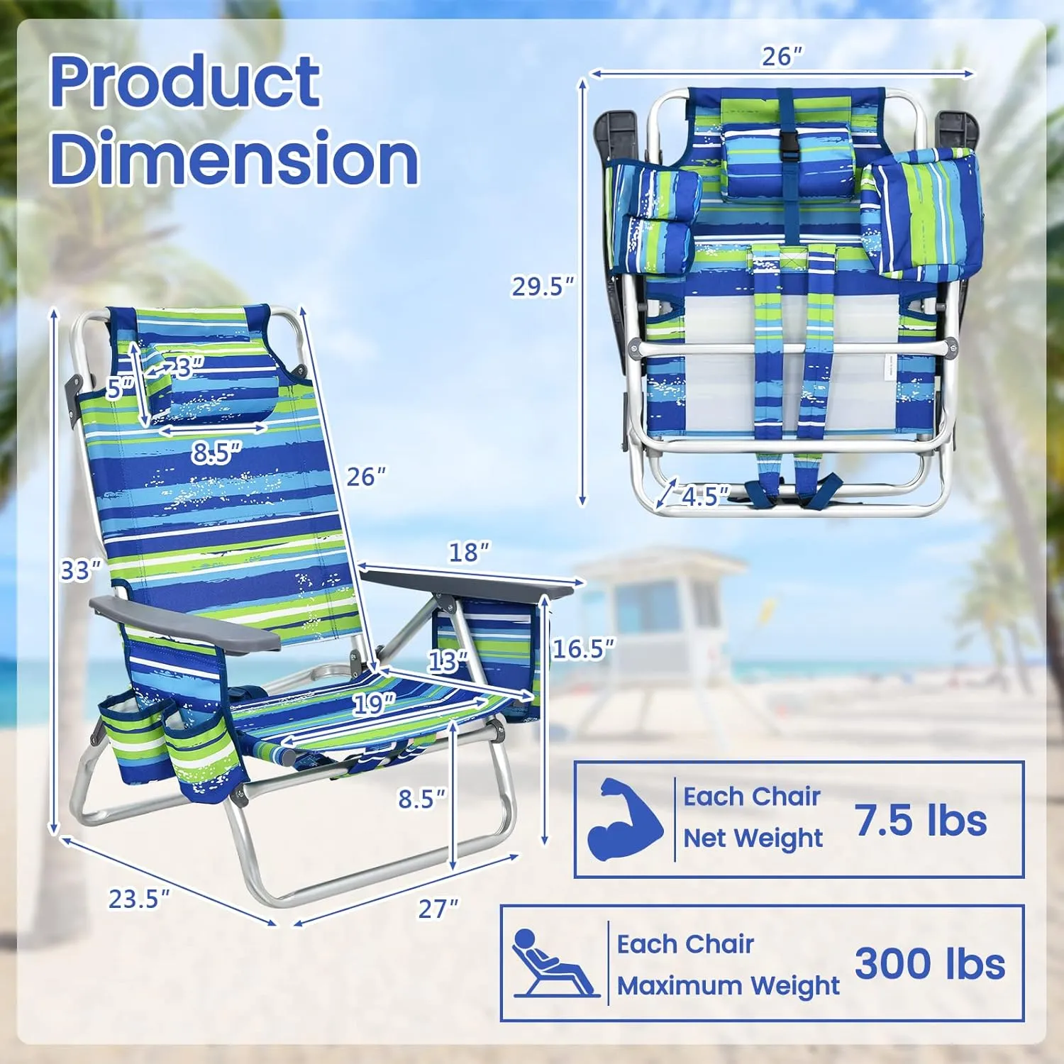 Tangkula Set of 2 Backpack Beach Chair, 5-Position Lay Flat Beach Chairs with Cooler Bag, 2 Cup Holders, Towel Bar, Lightweight Folding Beach Chair with Backpack Straps