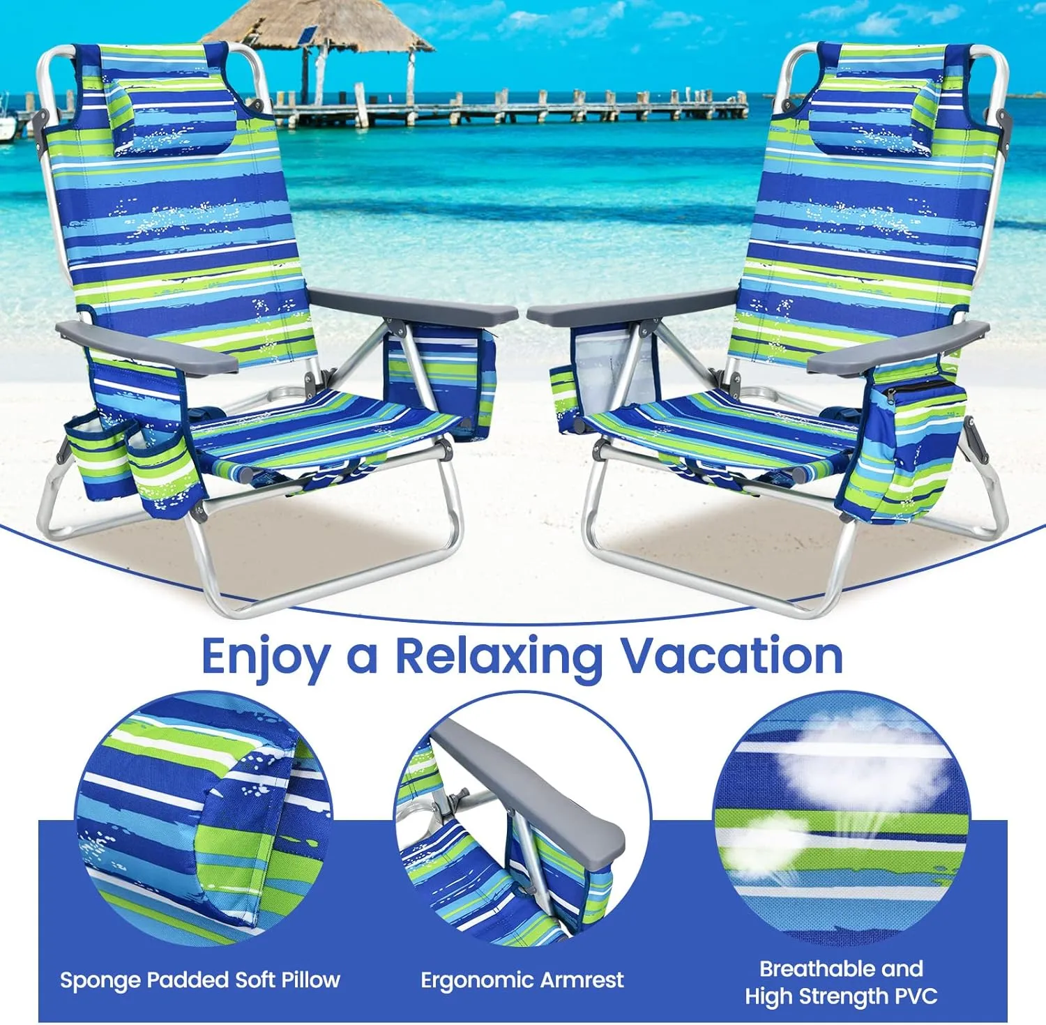 Tangkula Set of 2 Backpack Beach Chair, 5-Position Lay Flat Beach Chairs with Cooler Bag, 2 Cup Holders, Towel Bar, Lightweight Folding Beach Chair with Backpack Straps