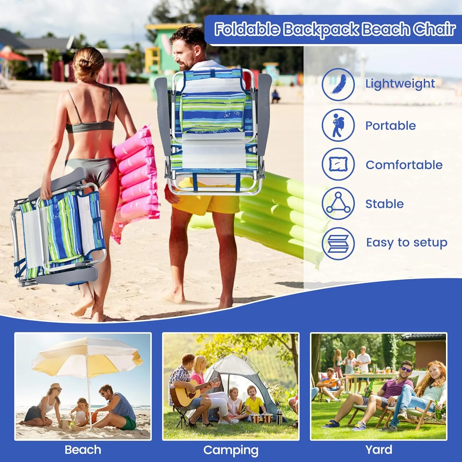 Tangkula Set of 2 Backpack Beach Chair, 5-Position Lay Flat Beach Chairs with Cooler Bag, 2 Cup Holders, Towel Bar, Lightweight Folding Beach Chair with Backpack Straps