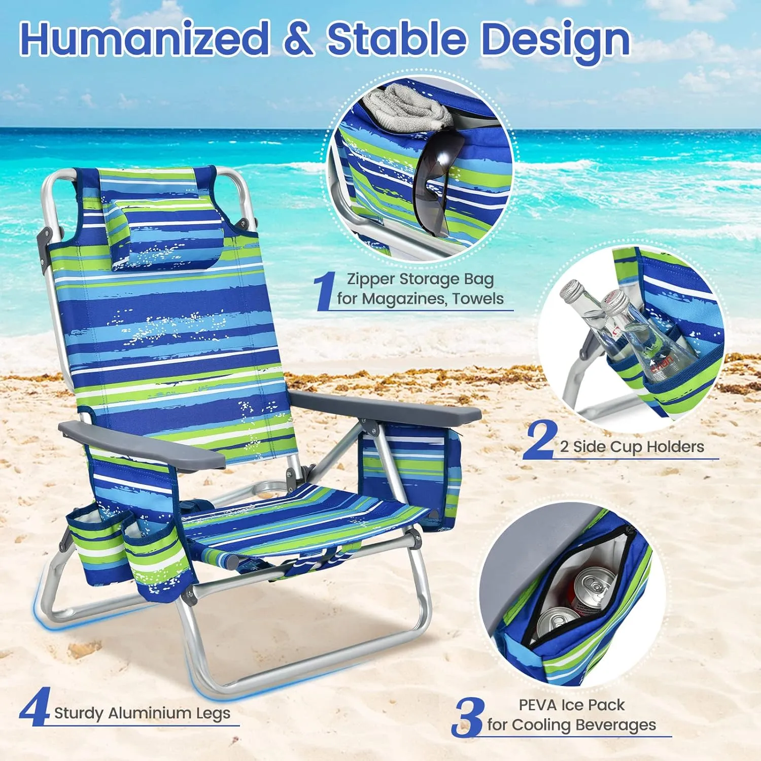 Tangkula Set of 2 Backpack Beach Chair, 5-Position Lay Flat Beach Chairs with Cooler Bag, 2 Cup Holders, Towel Bar, Lightweight Folding Beach Chair with Backpack Straps