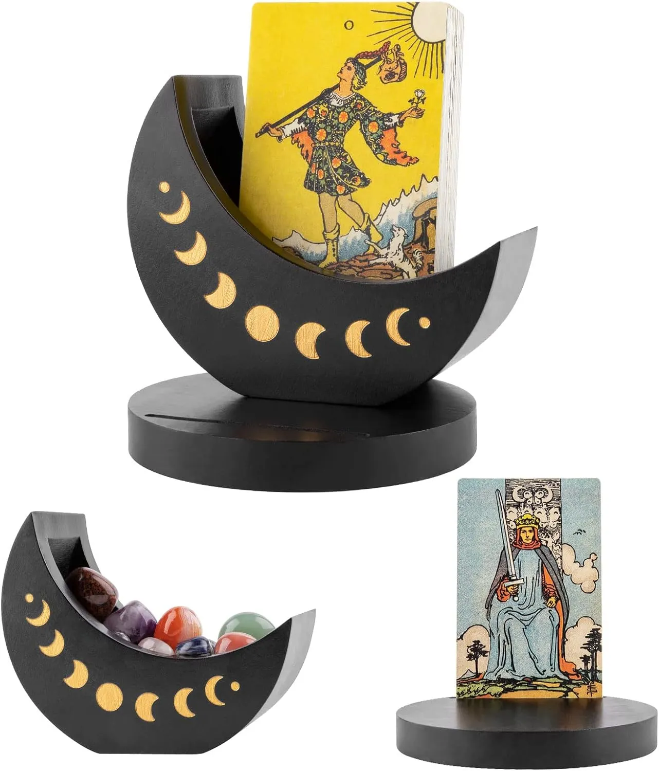 Tarot Deck Display Box with Card Holder, Wood Moon Phase Stand Case for Crystal Stone Storage, Daily Oracle Card Organizer Altar Supply Meditation Accessories Witchy Decor Gift