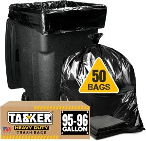 Tasker 95-96 Gallon Trash Bags Heavy Duty (Mega-Value 50/Bags w/Ties) Extra Large 90, 95, 96, 100 Gallon Can Liners, Big Black Trash Bags