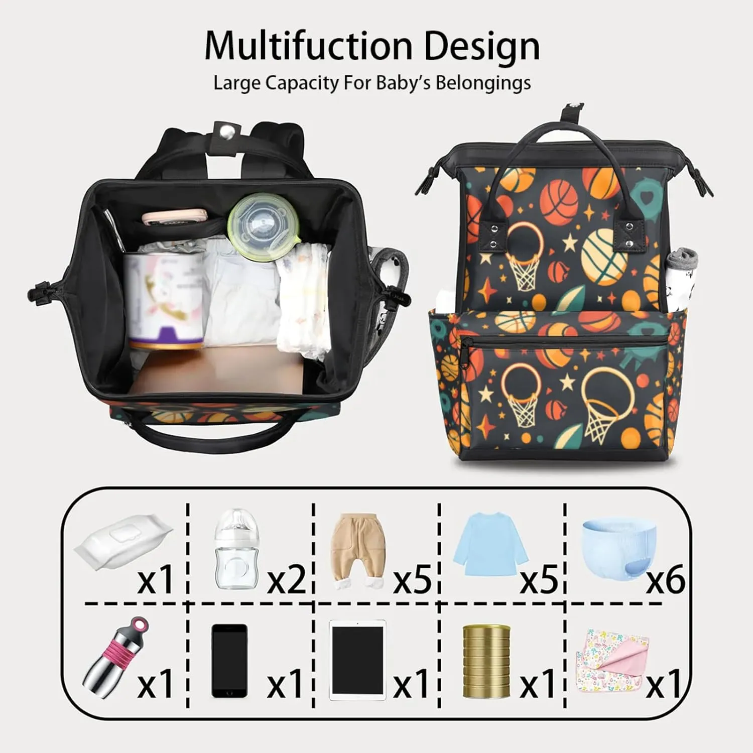 Tavisto Basketball Star Blast Double Shoulder Mommy Bag for Women, Polyester Large Capacity Diaper Backpack with Multi Pockets, Waterproof Adjustable Straps Diaper Bag for Moms Dads, 11''×7''×15.7''