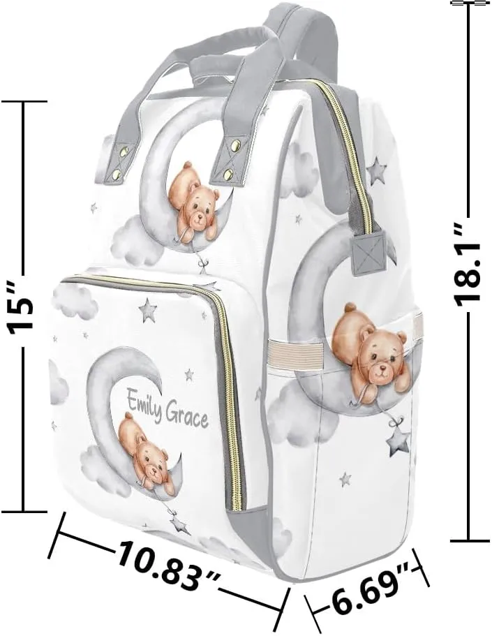 Teddy Bears Moon Clouds Stars Personalized Diaper Bag Backpack,Custom Name Multi Function Diaper Backpack Baby Nappy Bag Mommy Bag Gift