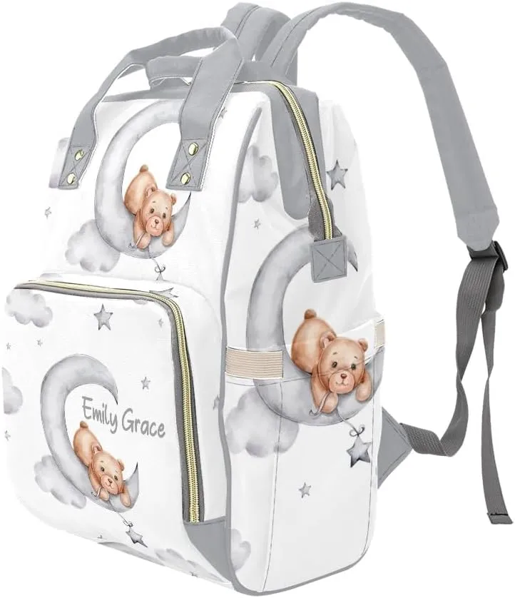 Teddy Bears Moon Clouds Stars Personalized Diaper Bag Backpack,Custom Name Multi Function Diaper Backpack Baby Nappy Bag Mommy Bag Gift