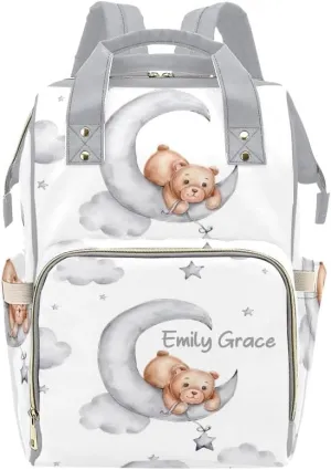 Teddy Bears Moon Clouds Stars Personalized Diaper Bag Backpack,Custom Name Multi Function Diaper Backpack Baby Nappy Bag Mommy Bag Gift