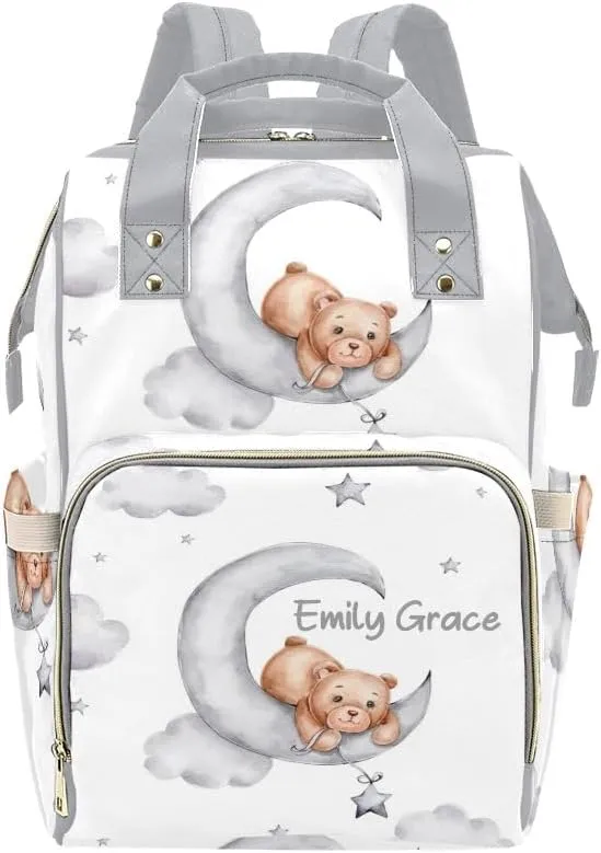 Teddy Bears Moon Clouds Stars Personalized Diaper Bag Backpack,Custom Name Multi Function Diaper Backpack Baby Nappy Bag Mommy Bag Gift