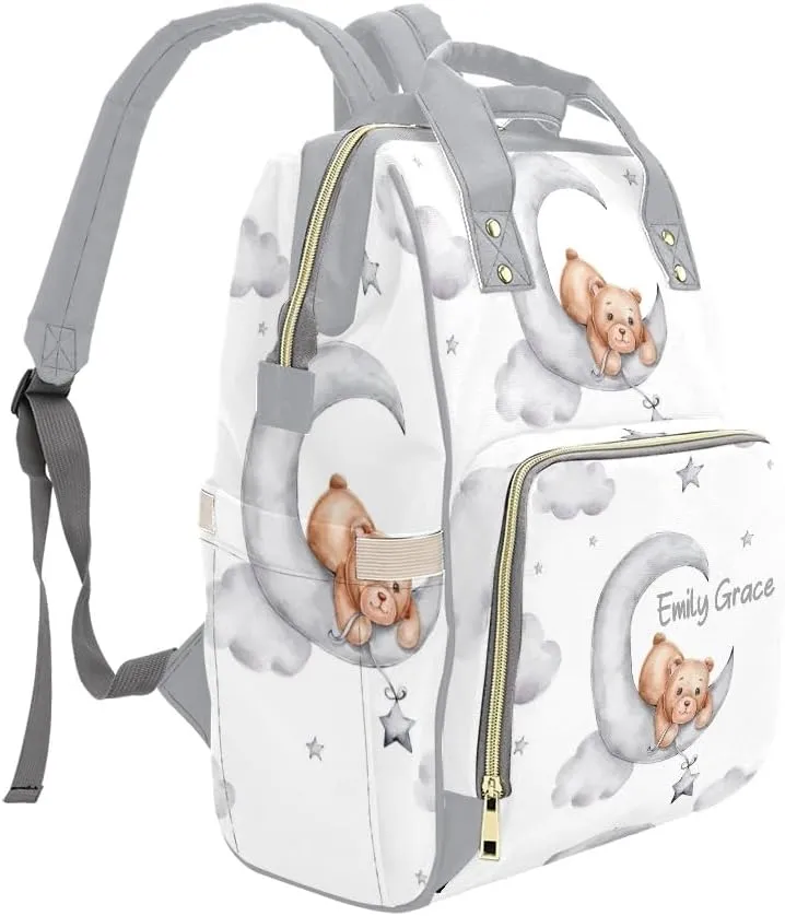Teddy Bears Moon Clouds Stars Personalized Diaper Bag Backpack,Custom Name Multi Function Diaper Backpack Baby Nappy Bag Mommy Bag Gift