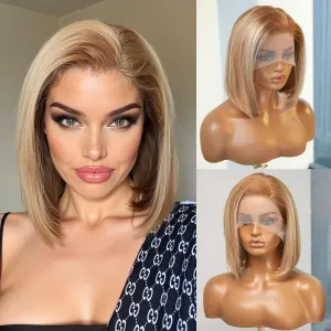 testar 13×4 Brown Mixed Blonde Bob Wig Human Hair Realistic HD Lace Front Wig Human Hair Ready to Go Bob Wig Glueless 12 Inch Straight Brown Bob Human Hair Wigs for Women