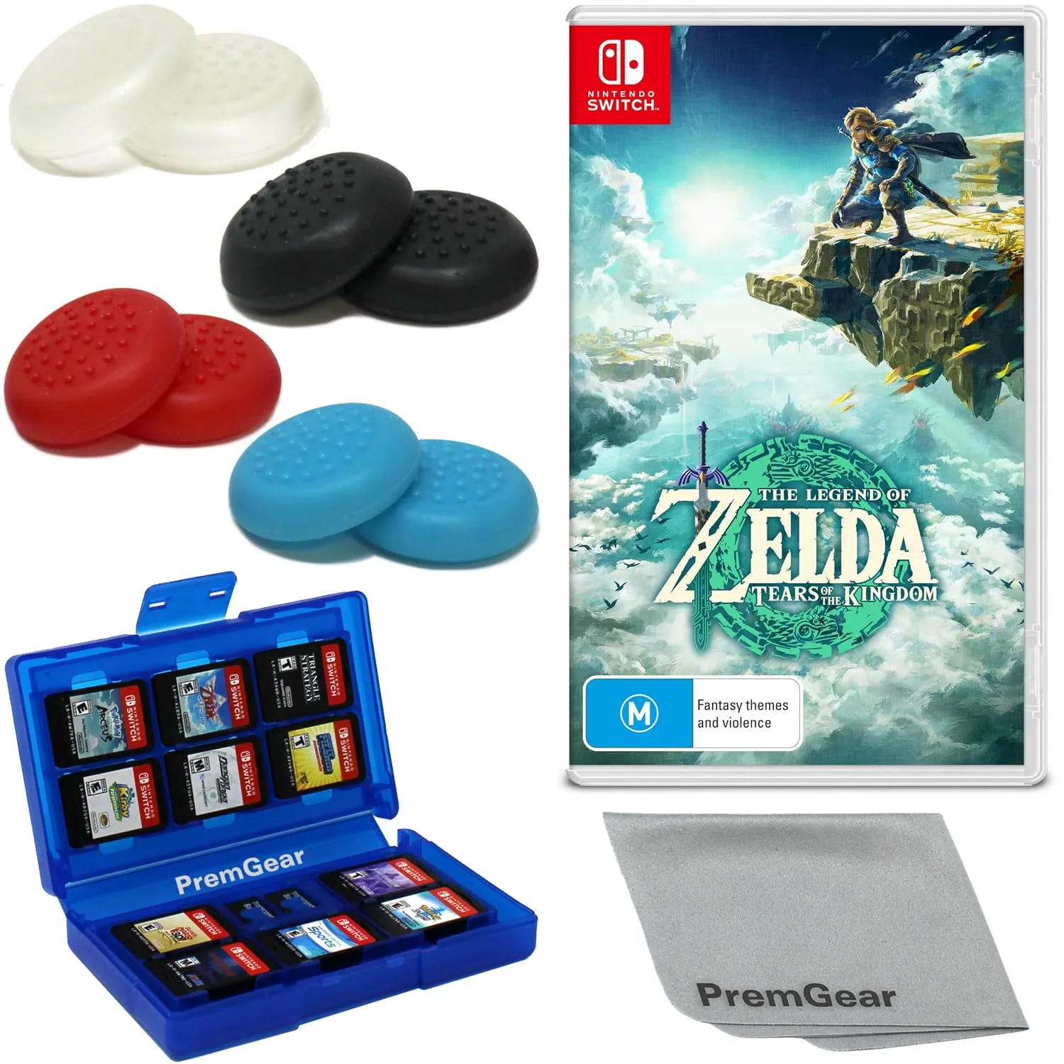 The Legend of Zelda: Tears of the Kingdom - Nintendo Switch (US Version), with PremGear Thumb Grips (8 pack - Black, Blue, Red & Clear), 24 Slot Game Card Holder & Cleaning Cloth