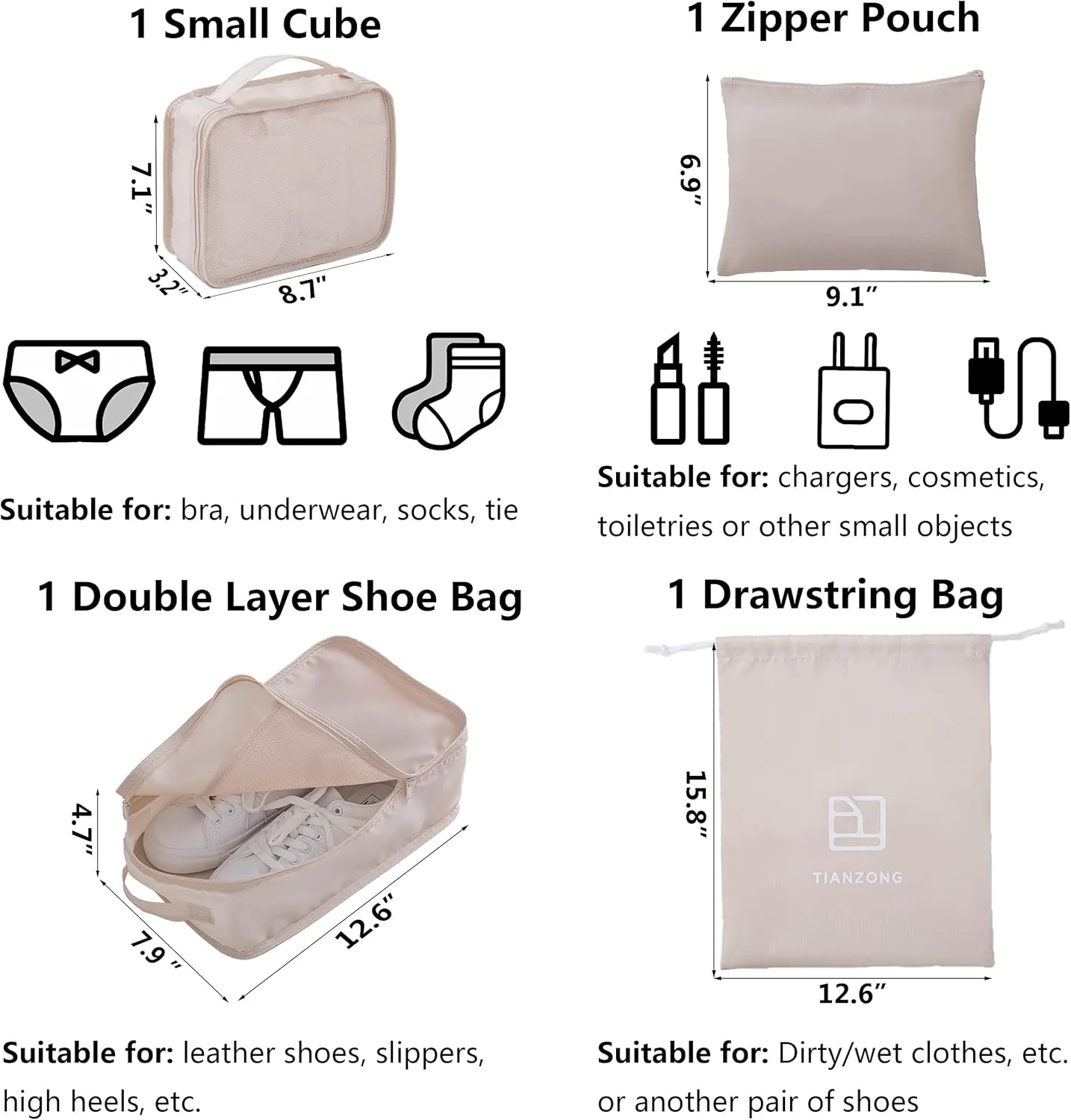 TianZong 7-piece Set Packing Cubes, Travel Bags for Luggage, Packing Organizers with Shoe Bag (Beige)