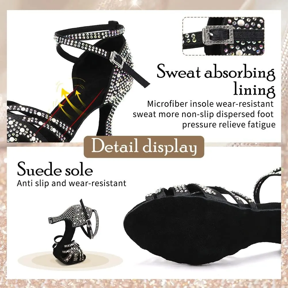 TINRYMX Women Latin Dance Shoes Rhinestones Sparkly Ballroom Salsa Performance Party Dancing Heels,Model-L432/L506