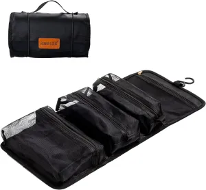 Toiletry Bag Can Hanging Small Roll-Up Makeup Organizer Bag with 3 Detachable Transparent Mesh Folding Cosmetic Travel Bags for Women & Men Black Toiletries Organizer Bag Gym Camping Grooming, Black