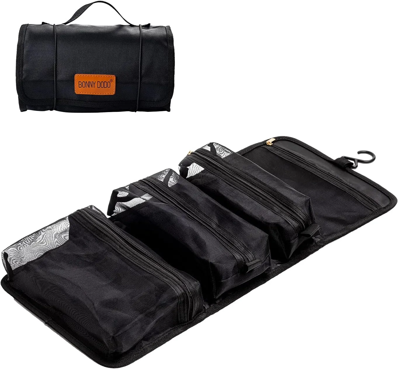 Toiletry Bag Can Hanging Small Roll-Up Makeup Organizer Bag with 3 Detachable Transparent Mesh Folding Cosmetic Travel Bags for Women & Men Black Toiletries Organizer Bag Gym Camping Grooming, Black