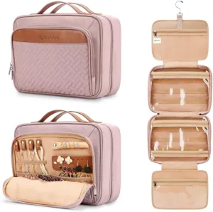 Toiletry Bag for Traveling Women - With Jewelry Organizer Compartment Hanging Toiletry Bag for Women used in Home, Travel, and Cosmetics - Nylon Material with Waterproof Skin (Pink, Medium)