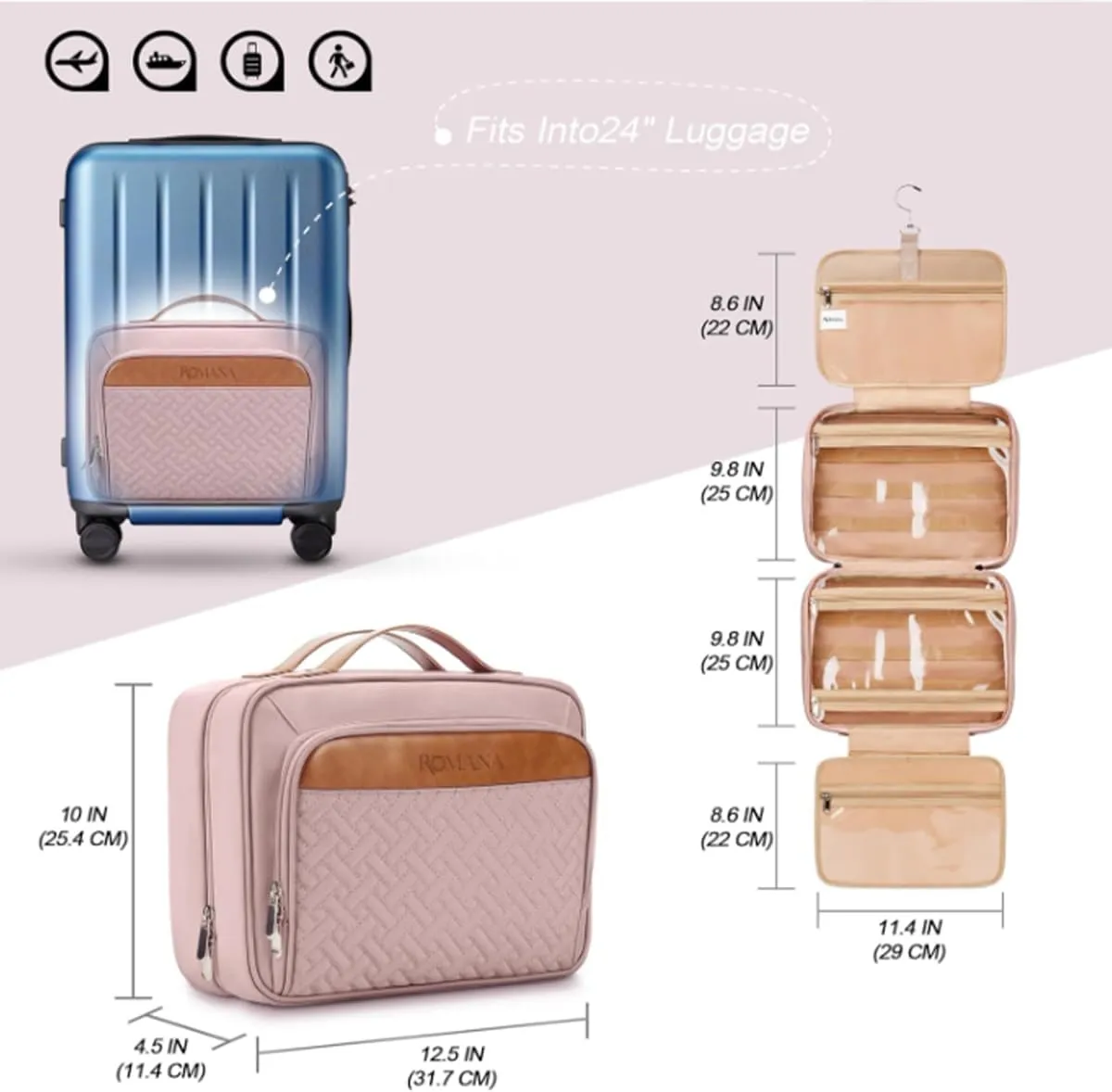 Toiletry Bag for Traveling Women - With Jewelry Organizer Compartment Hanging Toiletry Bag for Women used in Home, Travel, and Cosmetics - Nylon Material with Waterproof Skin (Pink, Medium)