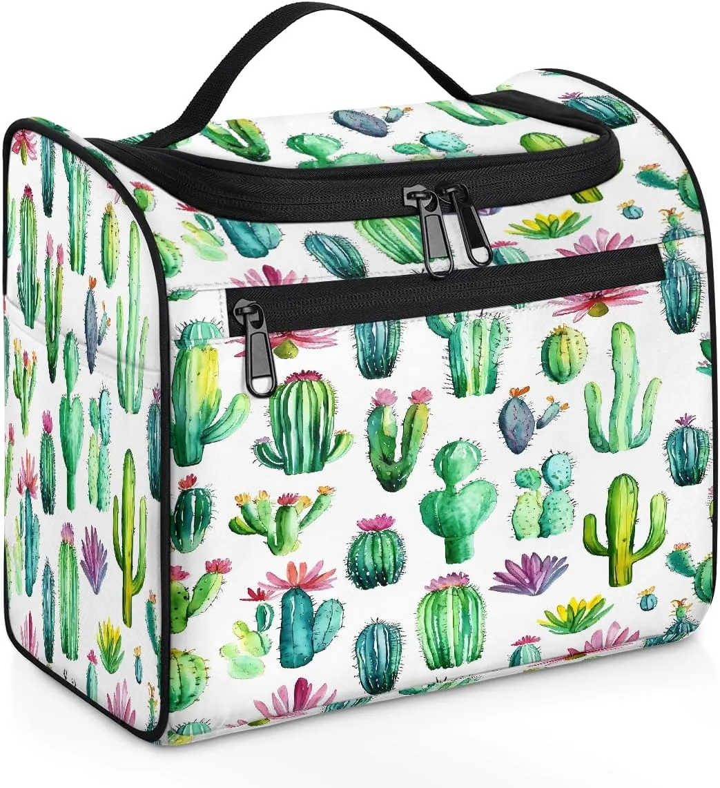 Toiletry Bag for Women Men Watercolor Tropical Cactus Flower Large Toiletry Bags with Hanging Hook Waterproof Makeup Cosmetic Bag for Travel Toiletries