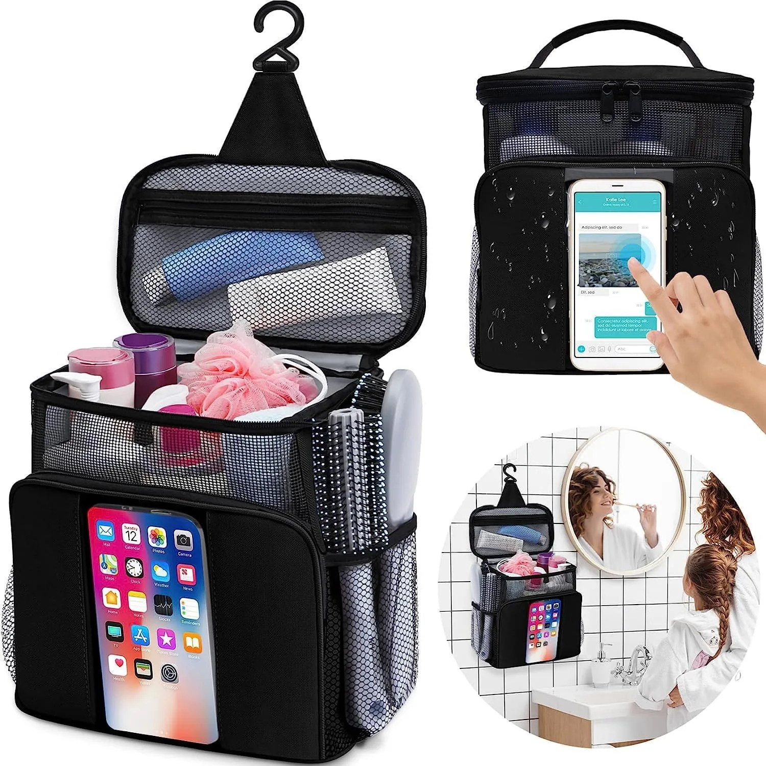 Toiletry Bag Hanging Travel Makeup Organizer with Transparent Front Pouch to Play Phone, Cleaning Caddy Portable for College (Black)
