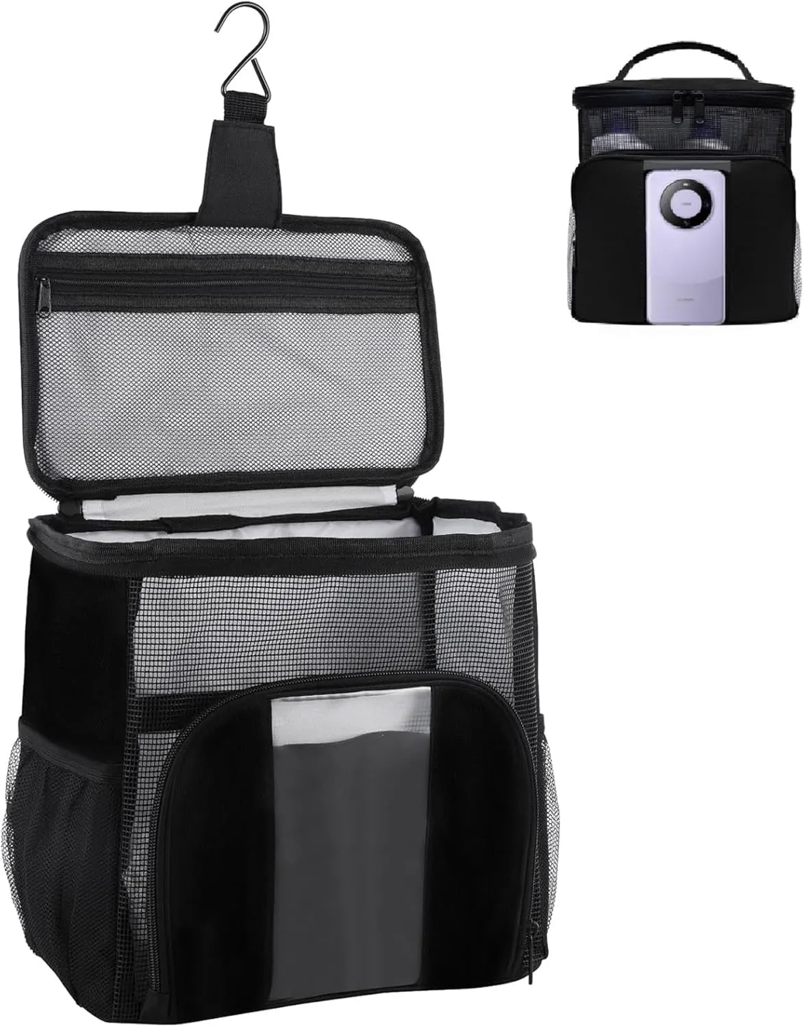 Toiletry Bag Hanging Travel Makeup Organizer with Transparent Front Pouch to Play Phone, Cleaning Caddy Portable for College (Black)