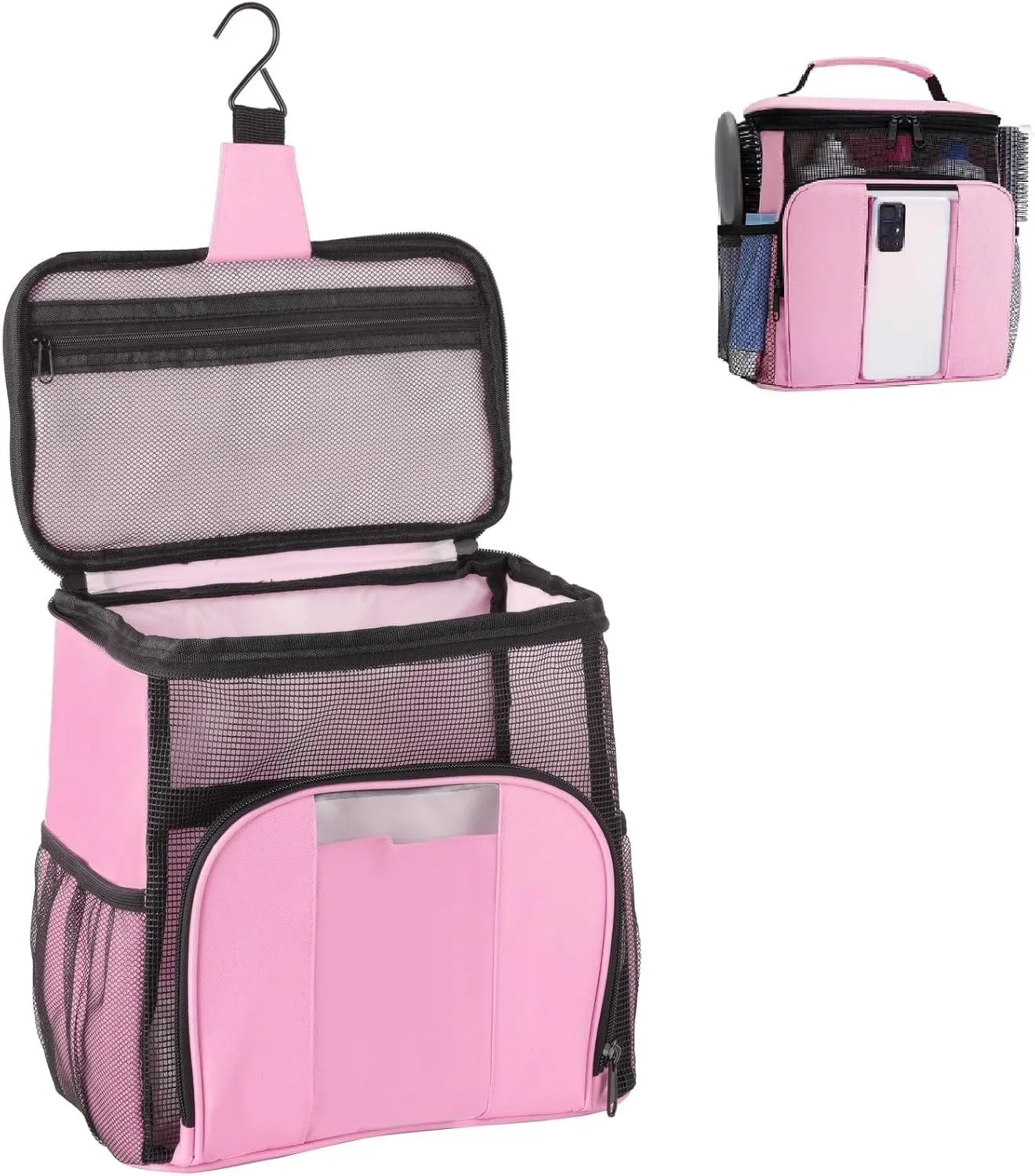 Toiletry Bag Hanging Travel Makeup Organizer with Transparent Front Pouch to Play Phone, Cleaning Caddy Portable for College