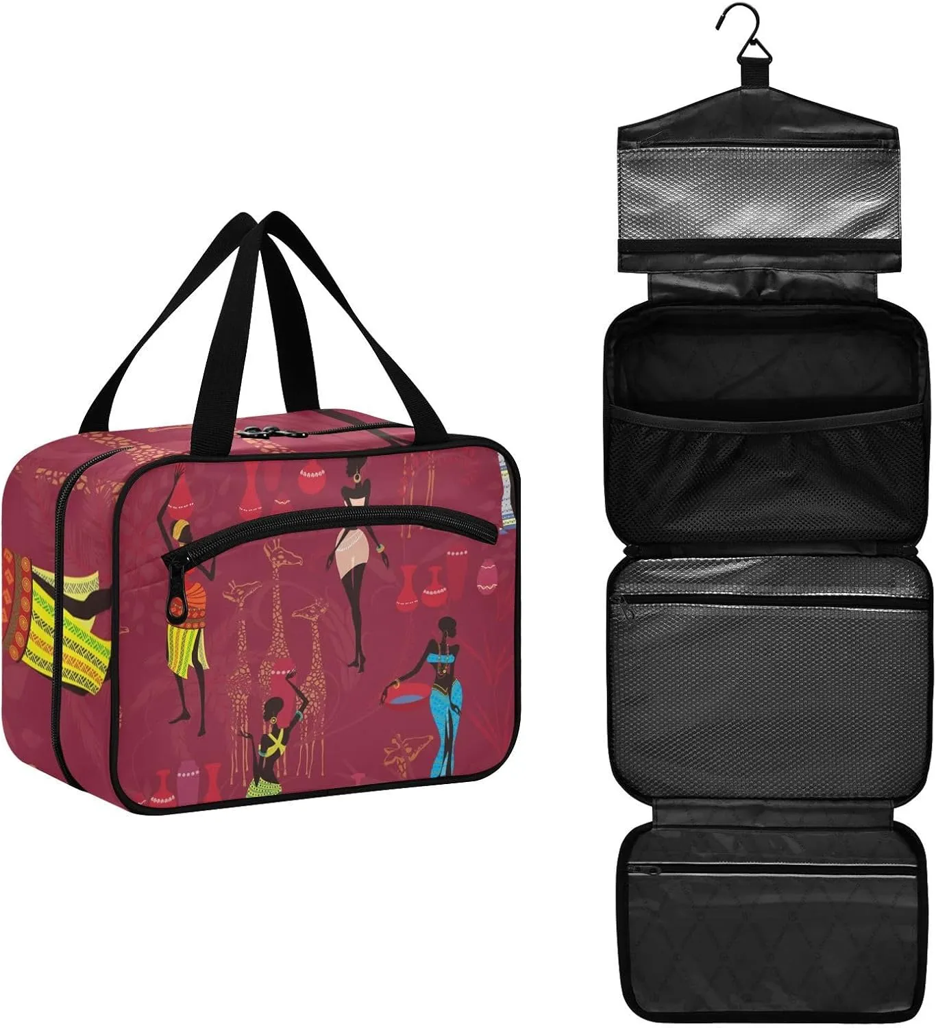 Toiletry Bag Travel Bag with Hanging Hook-African Women Bearing Clay Pots，Water-resistant Makeup Cosmetic Bag for gym outdoor activities ，L