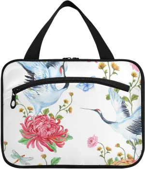 Toiletry Bag Travel Bag with Hanging Hook, Birds Cranes and Flowers Makeup Cosmetic Bag Travel Organizer for Accessories, Detachable Makeup Pouch For Full Sized Container - L