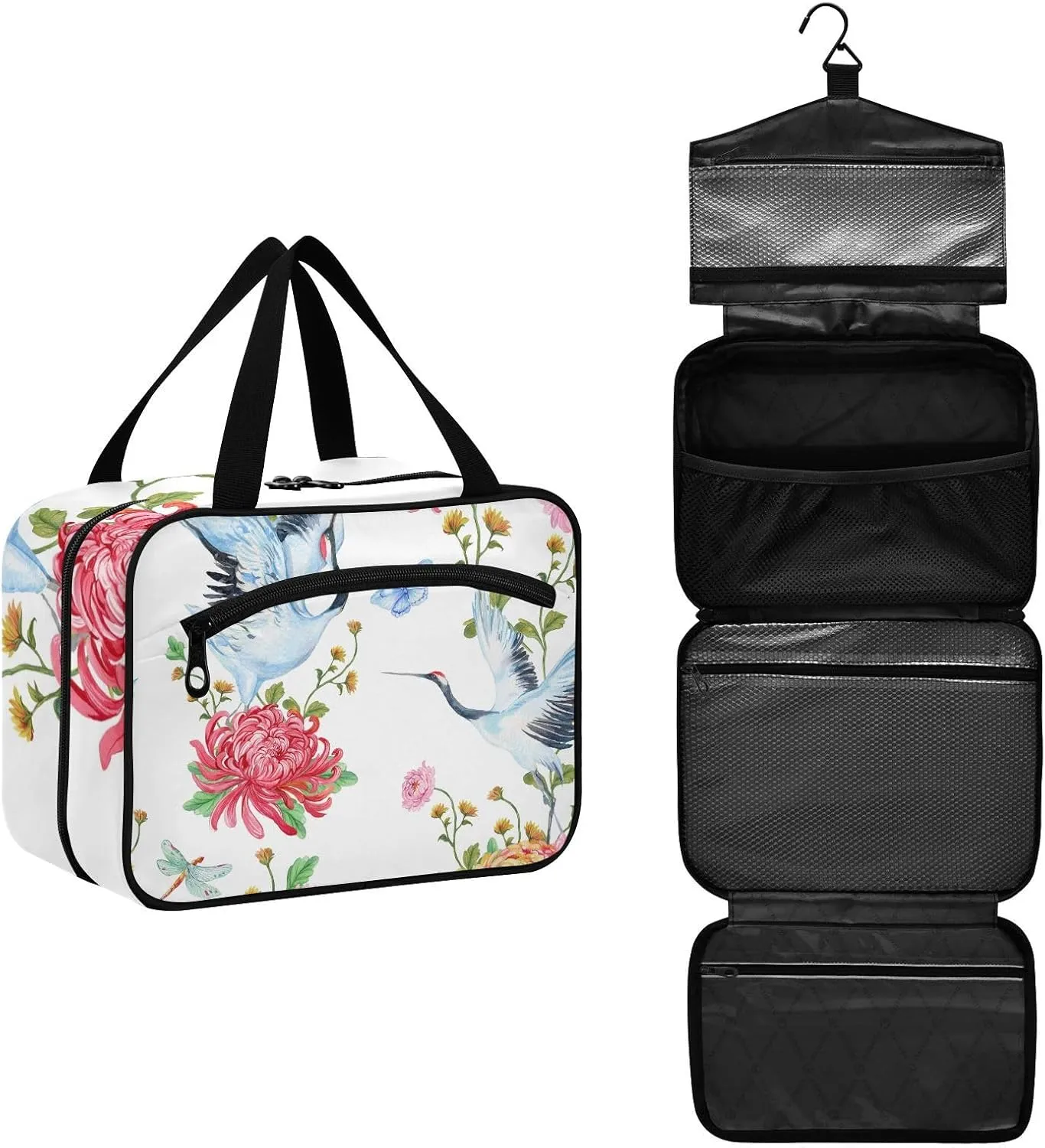 Toiletry Bag Travel Bag with Hanging Hook, Birds Cranes and Flowers Makeup Cosmetic Bag Travel Organizer for Accessories, Detachable Makeup Pouch For Full Sized Container - L