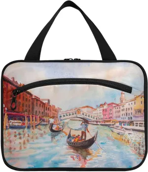 Toiletry Bag Travel Bag with Hanging Hook-Travel Venice Canal with Tourist on Gondola，Water-resistant Makeup Cosmetic Bag for gym outdoor activities ，L