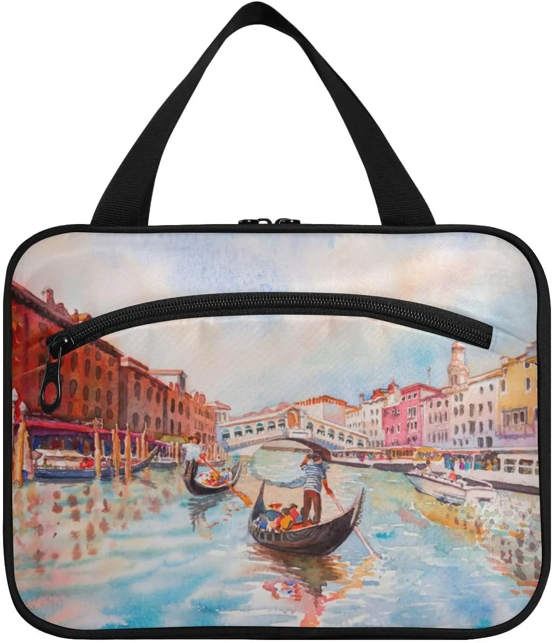 Toiletry Bag Travel Bag with Hanging Hook-Travel Venice Canal with Tourist on Gondola，Water-resistant Makeup Cosmetic Bag for gym outdoor activities ，L