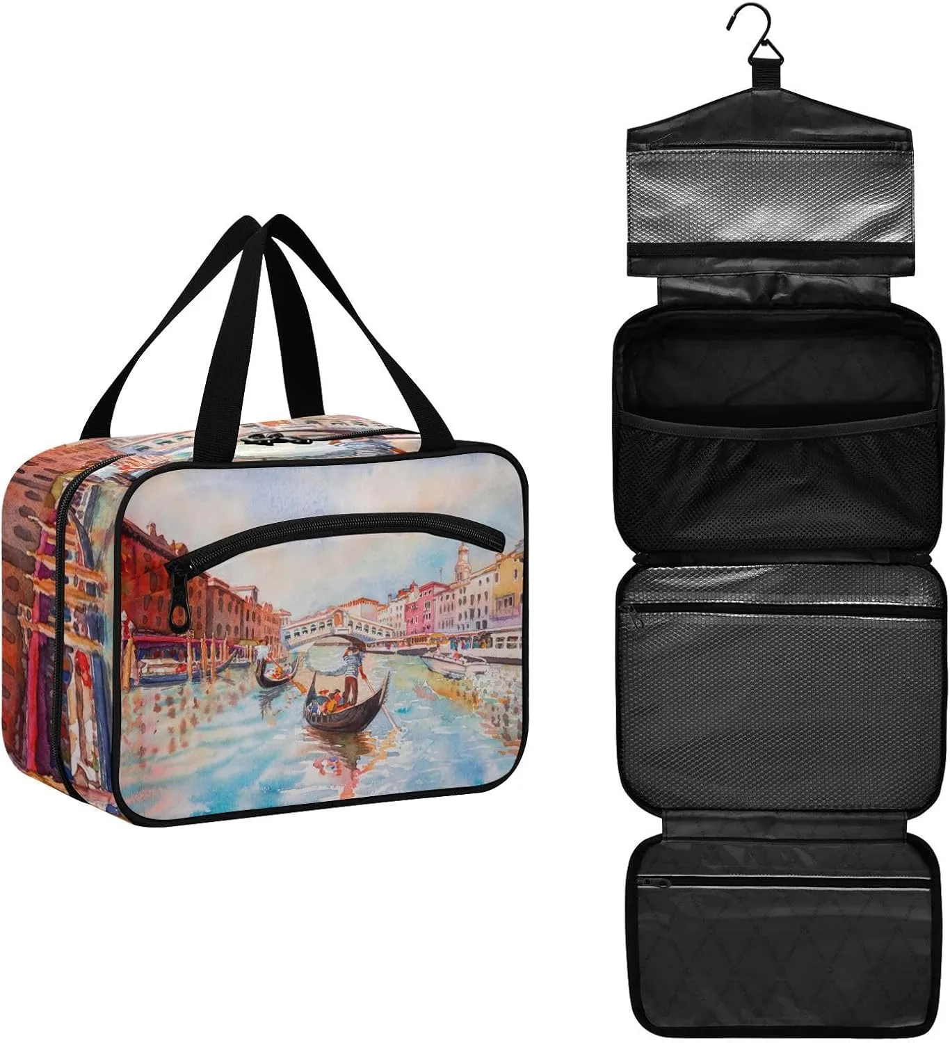 Toiletry Bag Travel Bag with Hanging Hook-Travel Venice Canal with Tourist on Gondola，Water-resistant Makeup Cosmetic Bag for gym outdoor activities ，L