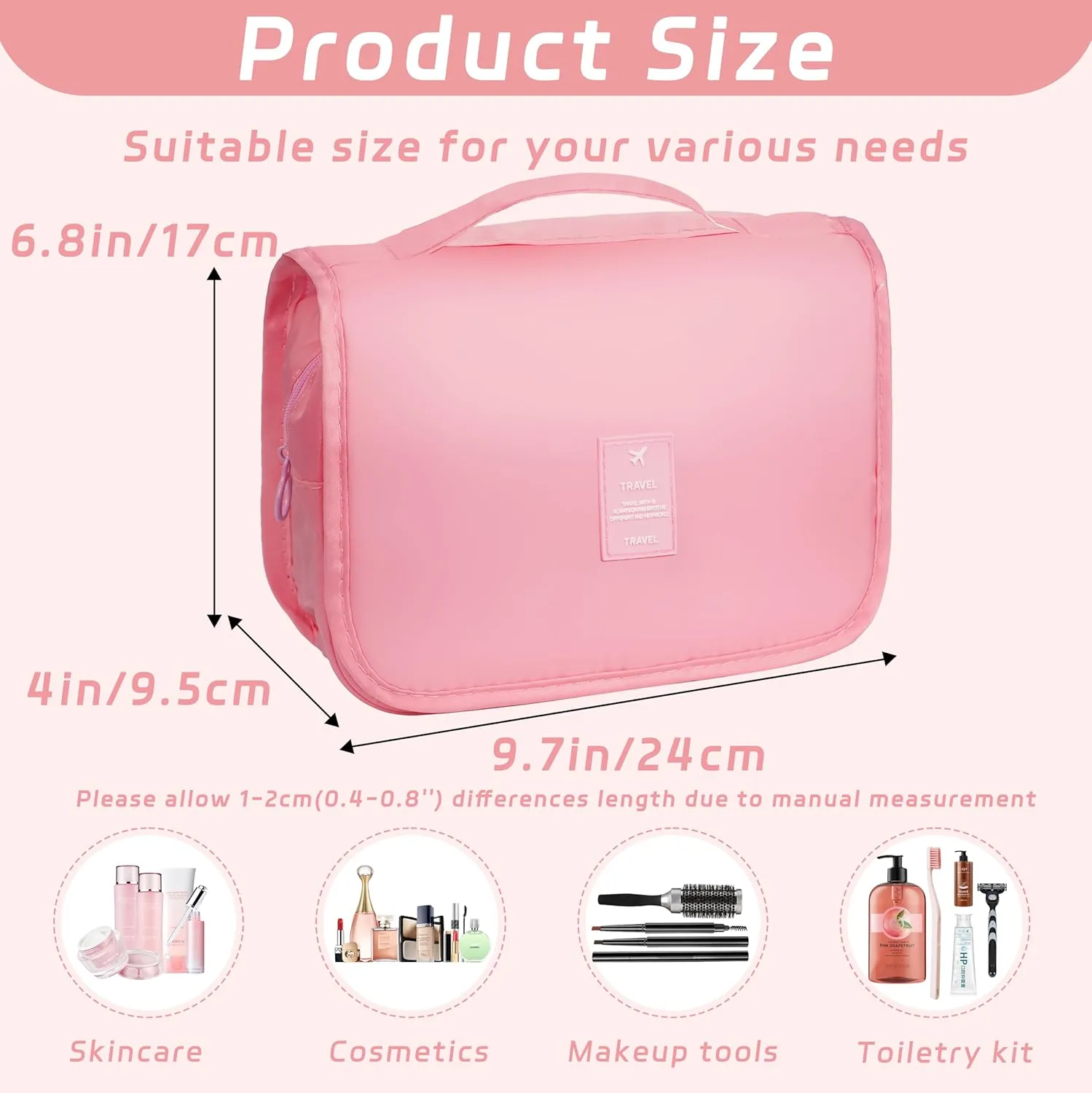 Toiletry Bag Travel Bag with Hanging Hook, Waterproof Capacity Hanging Multifunctional Makeup Bag for Toiletries, Portable Cosmetic Bag Travel Organizer for Women and Men(Pink)