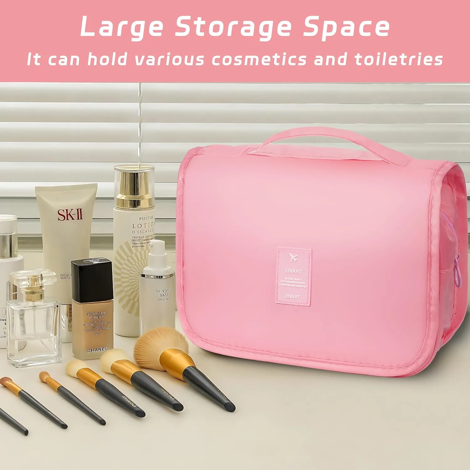 Toiletry Bag Travel Bag with Hanging Hook, Waterproof Capacity Hanging Multifunctional Makeup Bag for Toiletries, Portable Cosmetic Bag Travel Organizer for Women and Men(Pink)