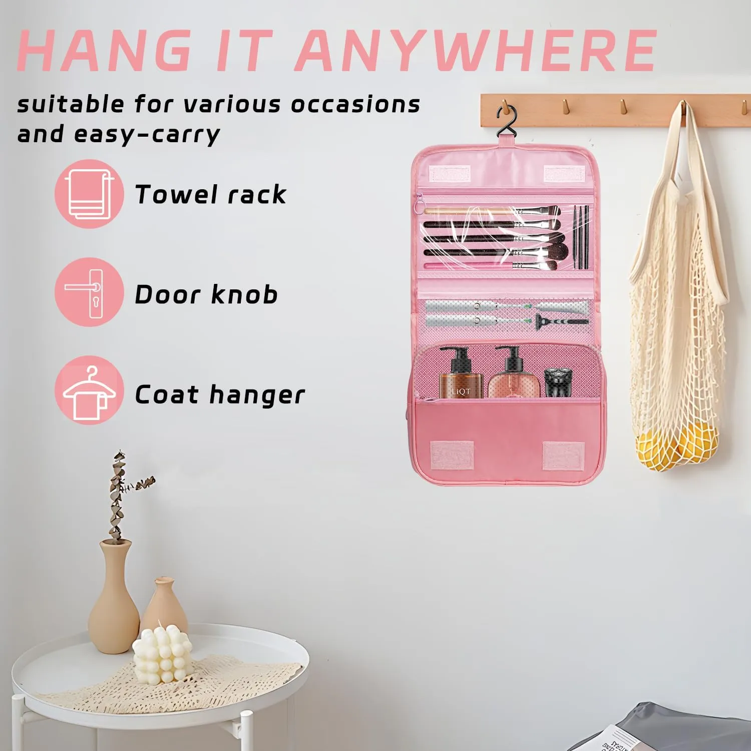 Toiletry Bag Travel Bag with Hanging Hook, Waterproof Capacity Hanging Multifunctional Makeup Bag for Toiletries, Portable Cosmetic Bag Travel Organizer for Women and Men(Pink)